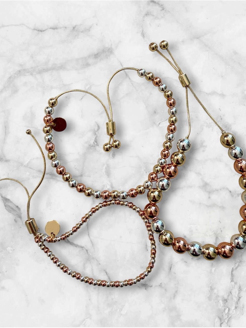 Adjustable Tri-Tone Beaded Bracelet Set - Gold, Rose Gold & Silver